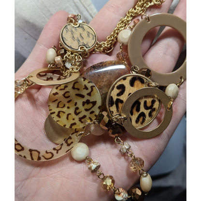 80s Style Leopard Print Mixed Media Statement Necklace