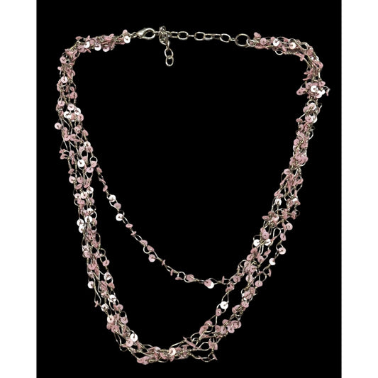 Fairycore Pink Sequin Layered Necklace On Silver Tone Chain