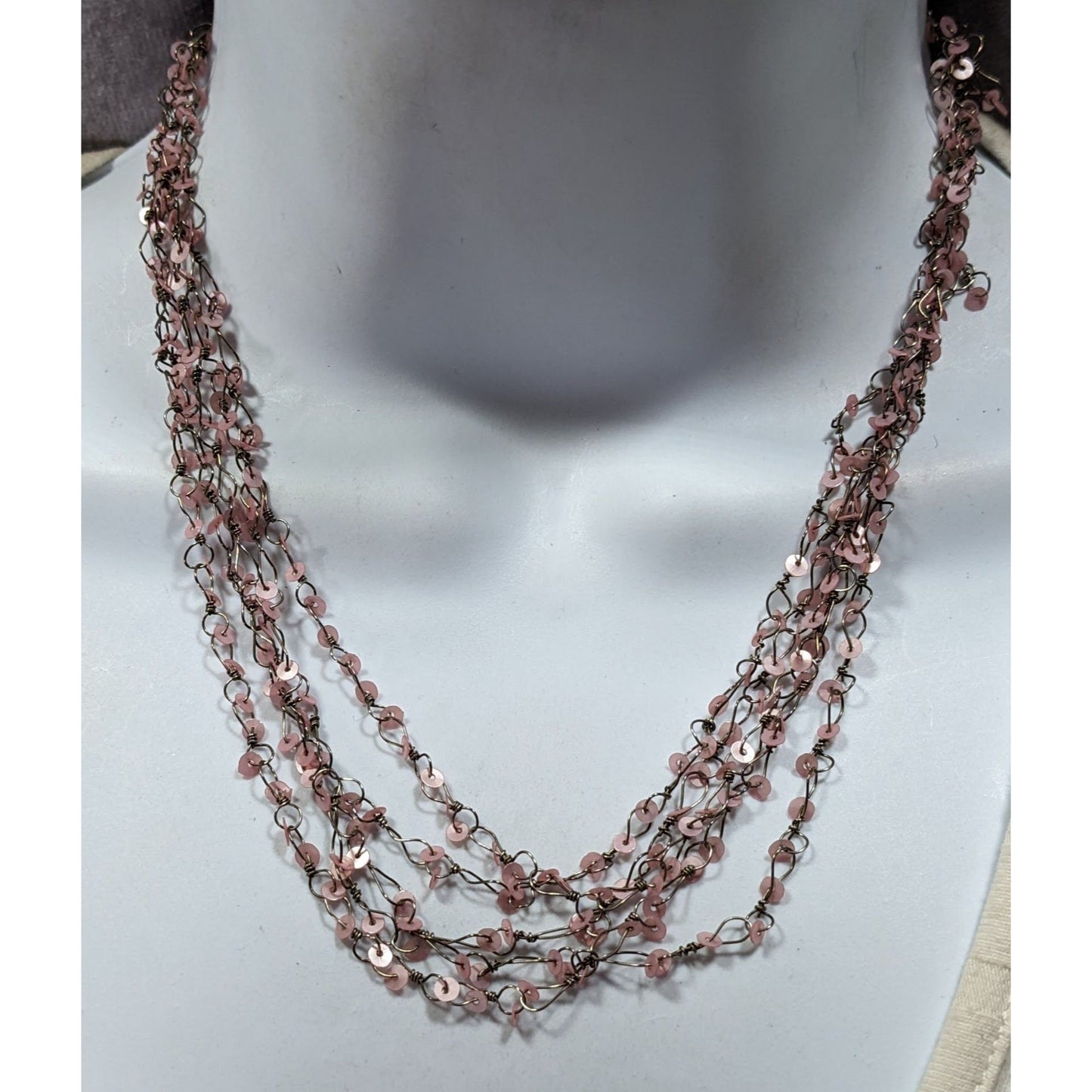 Fairycore Pink Sequin Layered Necklace On Silver Tone Chain