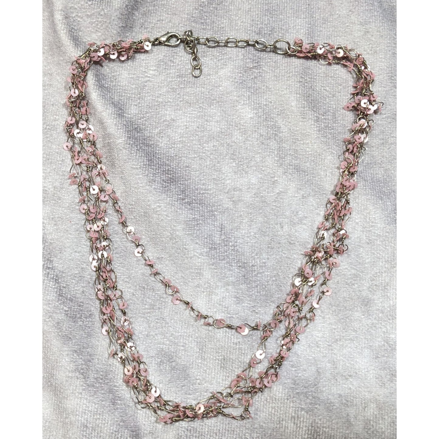 Fairycore Pink Sequin Layered Necklace On Silver Tone Chain