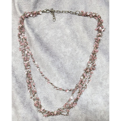 Fairycore Pink Sequin Layered Necklace On Silver Tone Chain