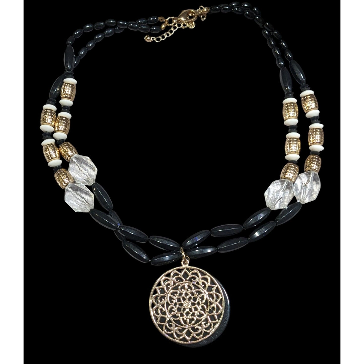 Bohemian Glam Beaded Medallion Necklace Black And Gold Tone With White Accents