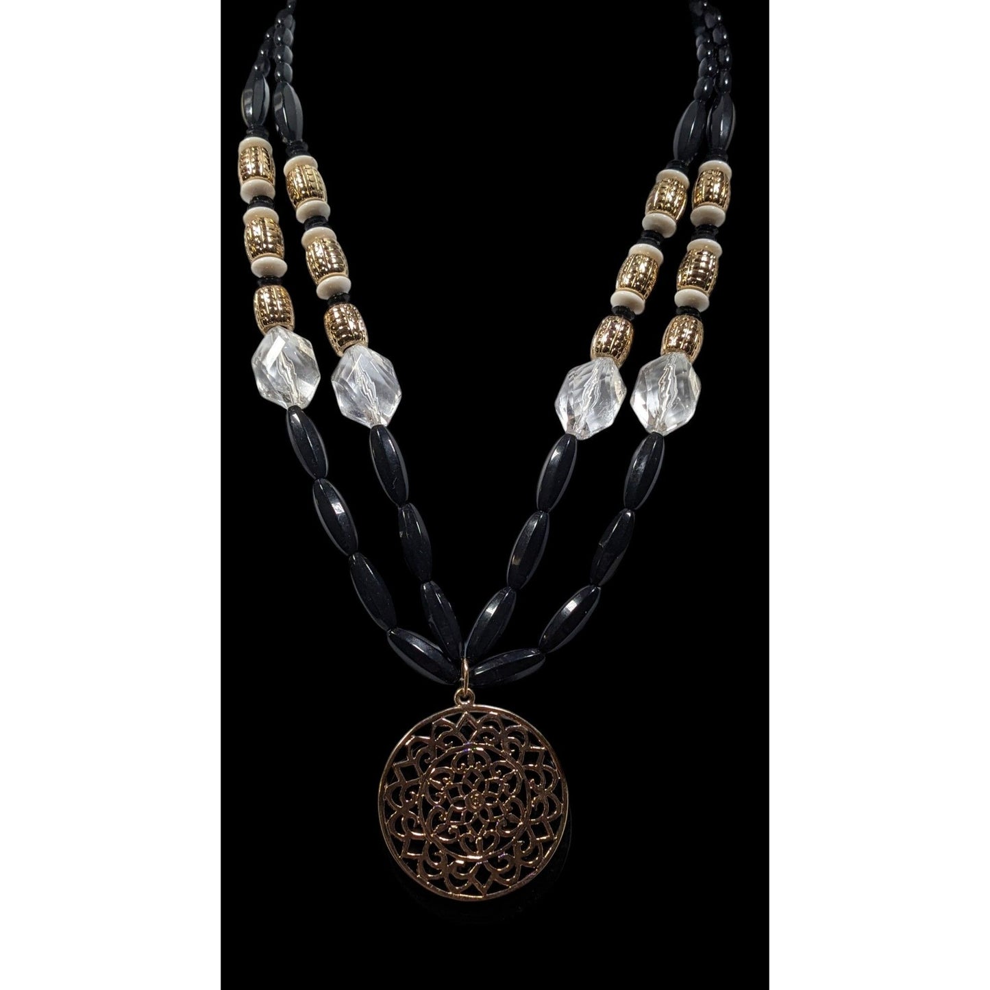 Bohemian Glam Beaded Medallion Necklace Black And Gold Tone With White Accents