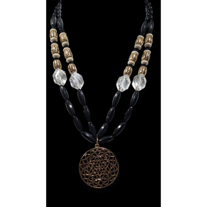 Bohemian Glam Beaded Medallion Necklace Black And Gold Tone With White Accents