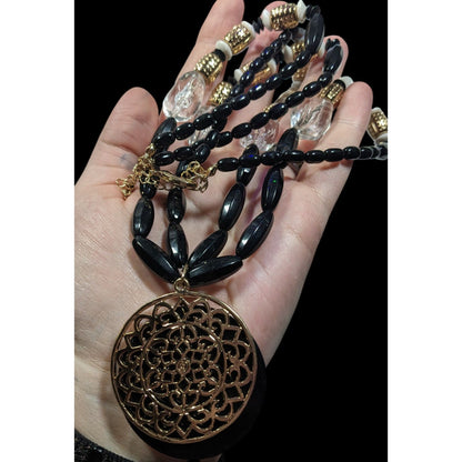 Bohemian Glam Beaded Medallion Necklace Black And Gold Tone With White Accents
