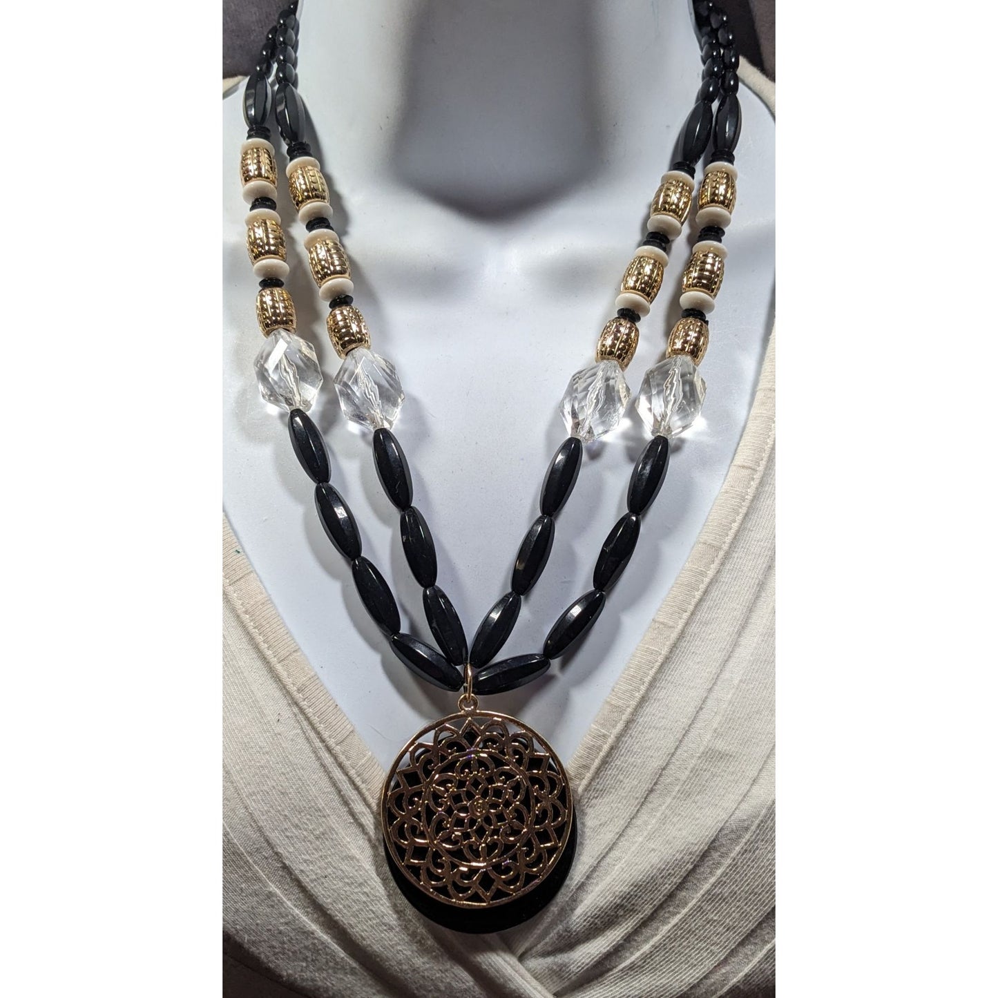 Bohemian Glam Beaded Medallion Necklace Black And Gold Tone With White Accents
