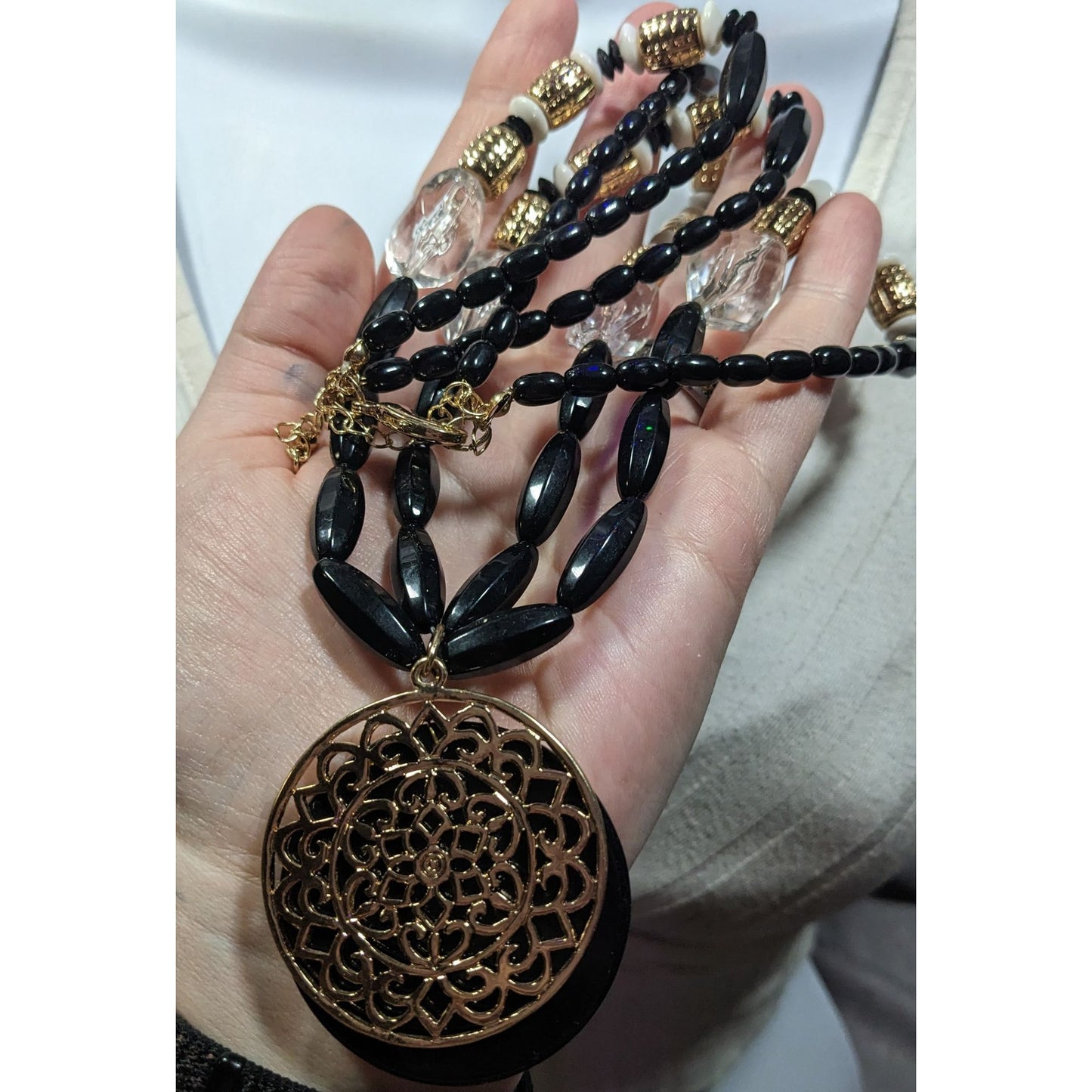 Bohemian Glam Beaded Medallion Necklace Black And Gold Tone With White Accents