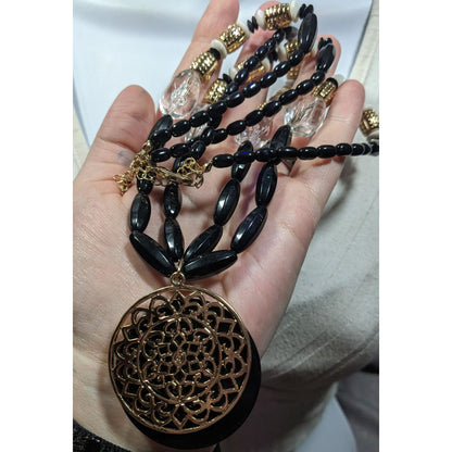 Bohemian Glam Beaded Medallion Necklace Black And Gold Tone With White Accents