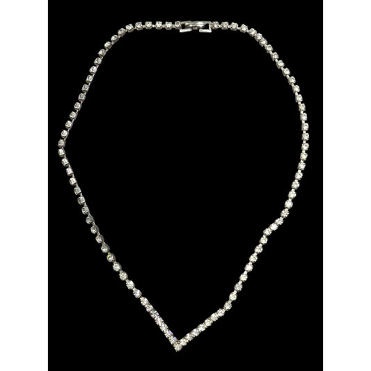 Vintage Glam Silver Tone Rhinestone Chevron Necklace