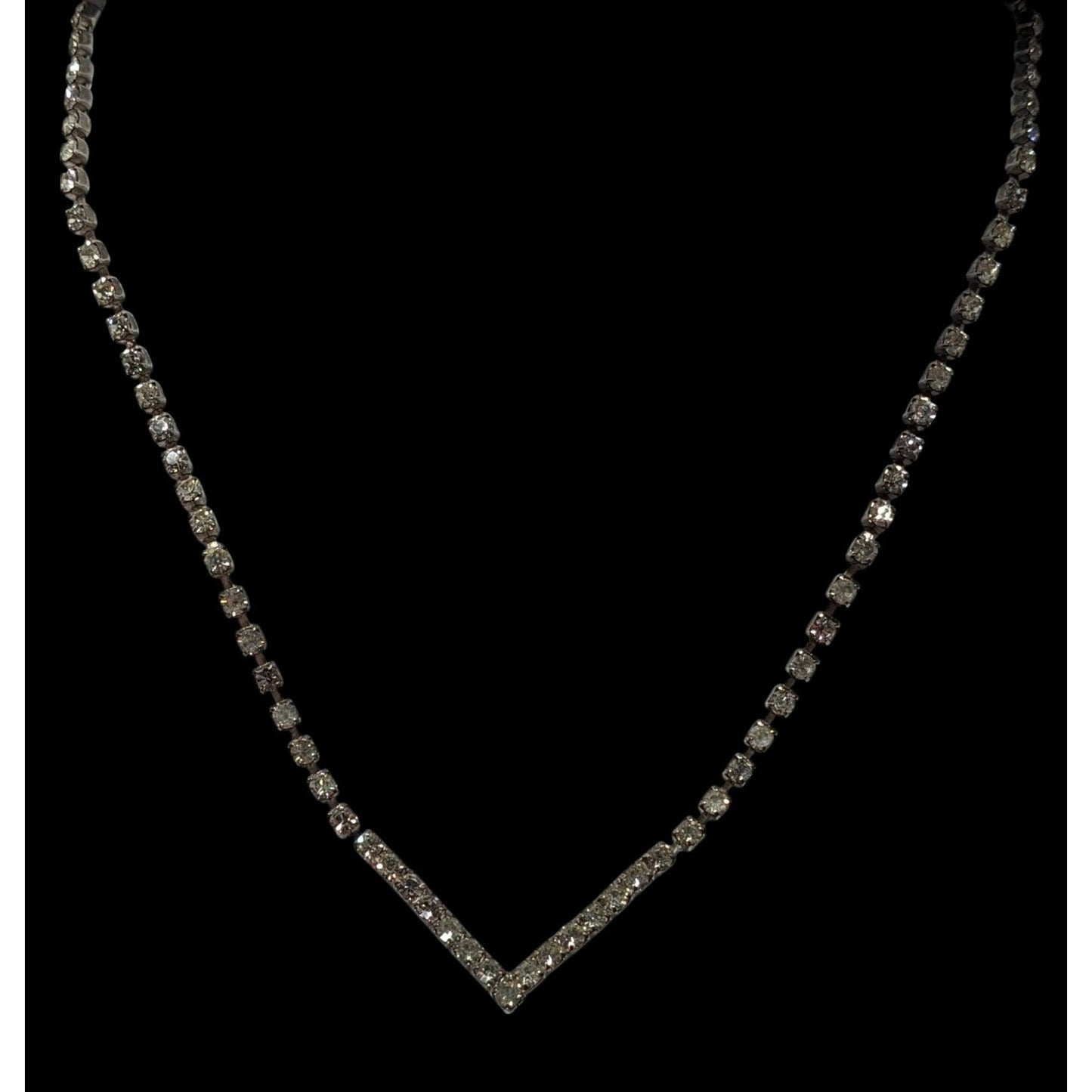 Vintage Glam Silver Tone Rhinestone Chevron Necklace