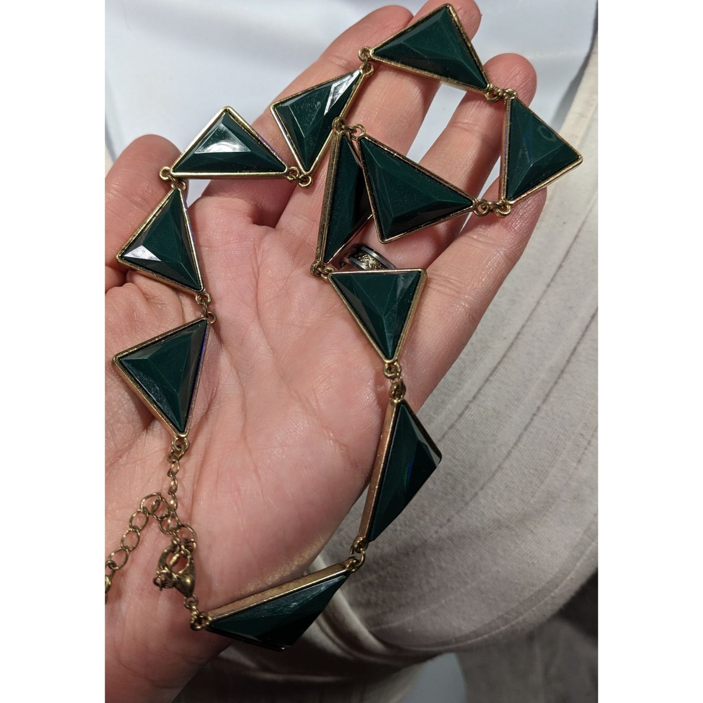 Geometric Dark Green And Gold Statement Necklace