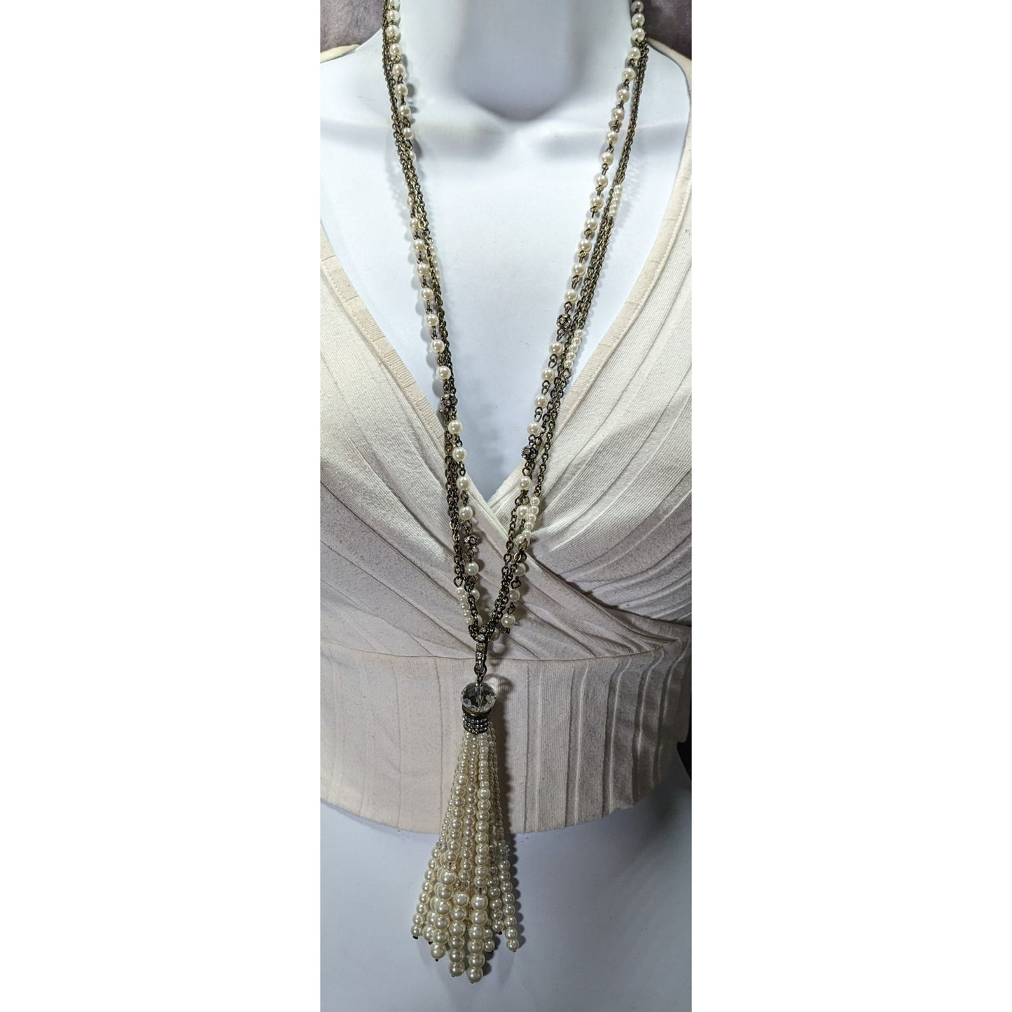 Chico's 30th Anniversary Faux Pearl And Chain Tassel Necklace