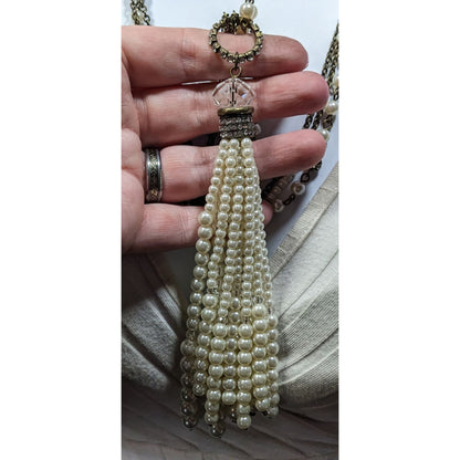Chico's 30th Anniversary Faux Pearl And Chain Tassel Necklace