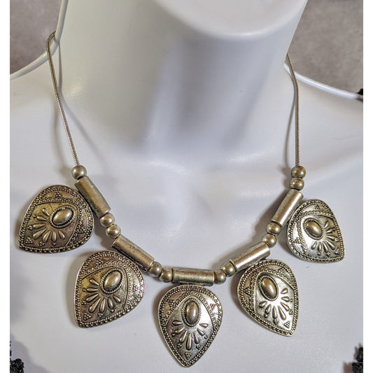 Southwestern Bohemian Style Silver-Tone Statement Necklace With Embossed Teardrop Pendants