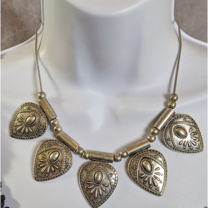 Southwestern Bohemian Style Silver-Tone Statement Necklace With Embossed Teardrop Pendants