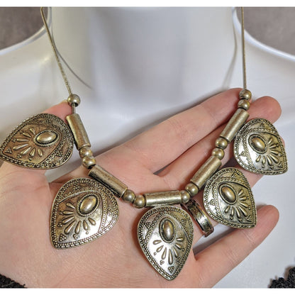 Southwestern Bohemian Style Silver-Tone Statement Necklace With Embossed Teardrop Pendants