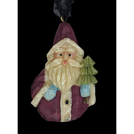 90s Rustic Folk Art Santa Wood-Look Resin Pendant Christmas Necklace