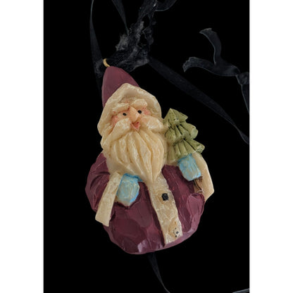 90s Rustic Folk Art Santa Wood-Look Resin Pendant Christmas Necklace