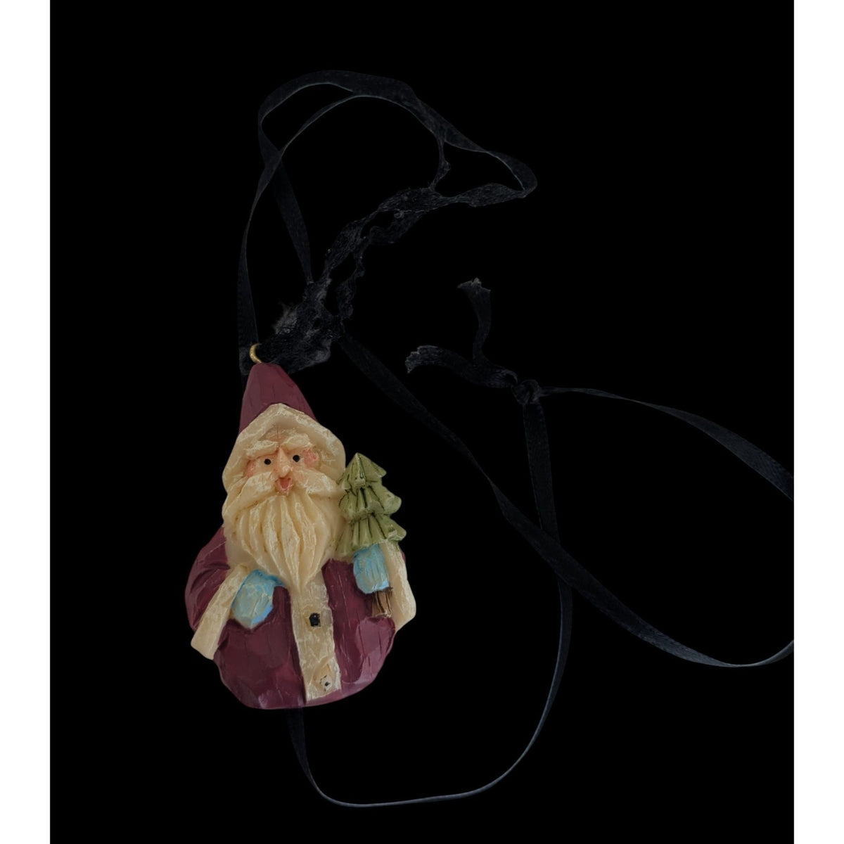 90s Rustic Folk Art Santa Wood-Look Resin Pendant Christmas Necklace
