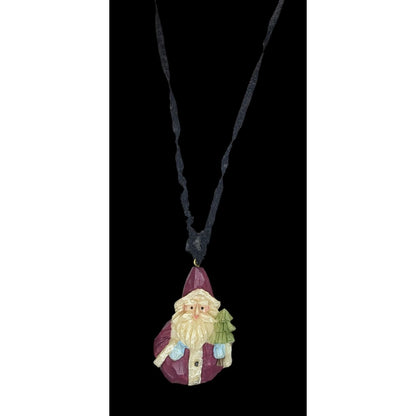 90s Rustic Folk Art Santa Wood-Look Resin Pendant Christmas Necklace
