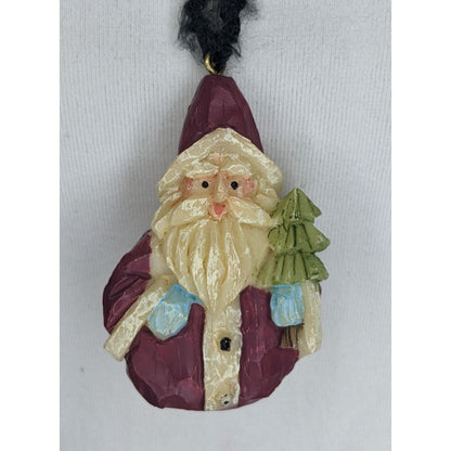 90s Rustic Folk Art Santa Wood-Look Resin Pendant Christmas Necklace