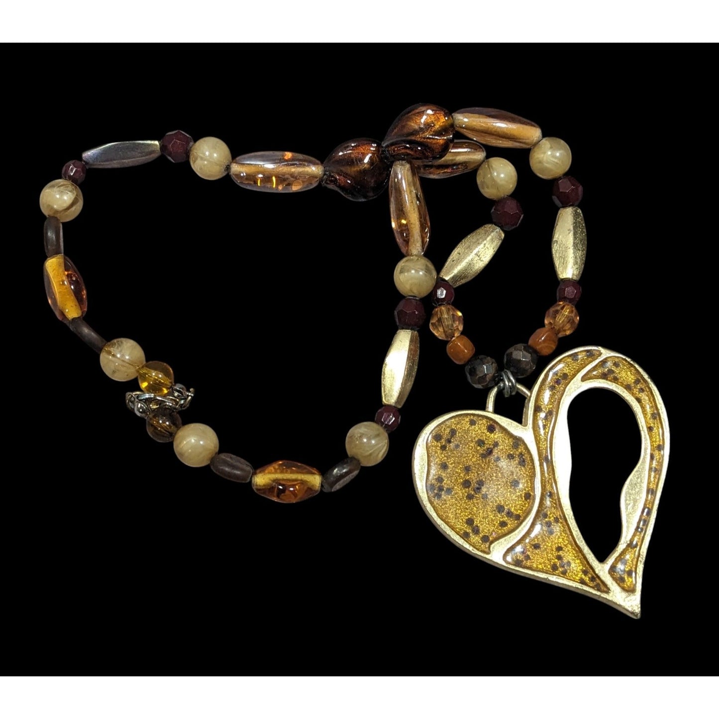 Chunky Unique Heart Pendant Necklace Brown And Gold Tone With Enamel Fill