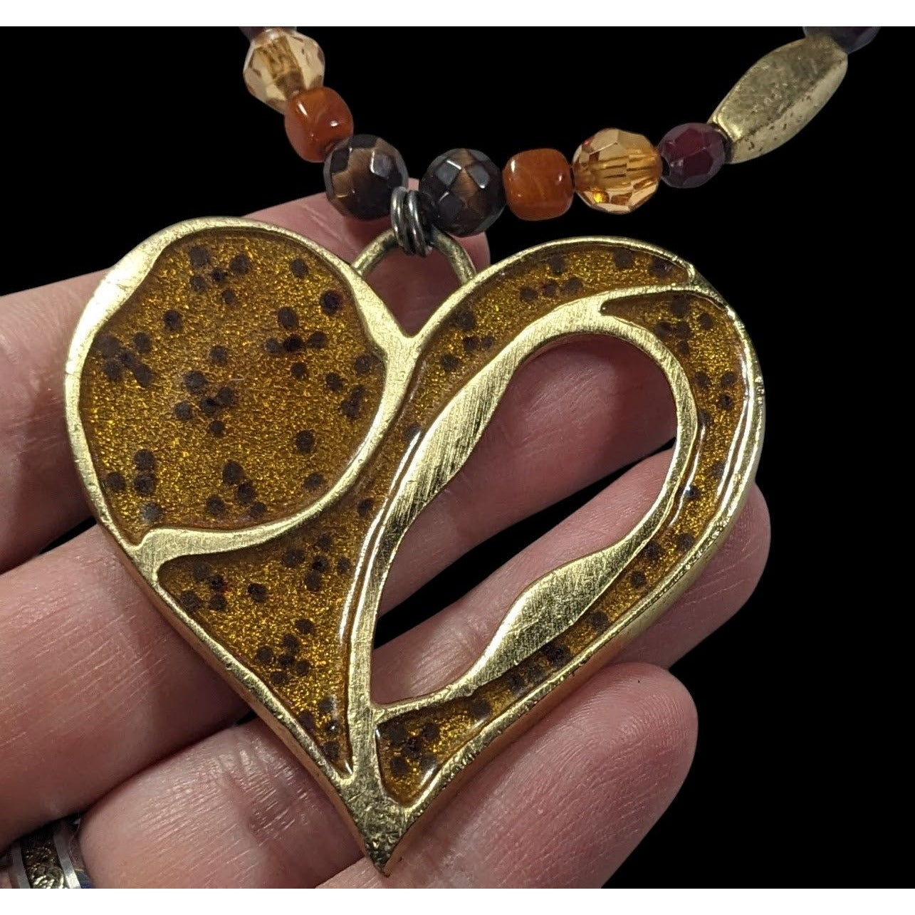 Chunky Unique Heart Pendant Necklace Brown And Gold Tone With Enamel Fill