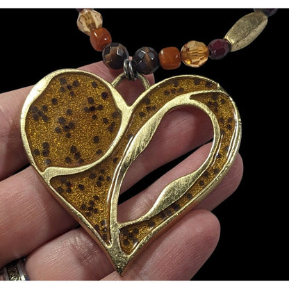 Chunky Unique Heart Pendant Necklace Brown And Gold Tone With Enamel Fill