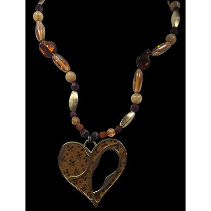 Chunky Unique Heart Pendant Necklace Brown And Gold Tone With Enamel Fill