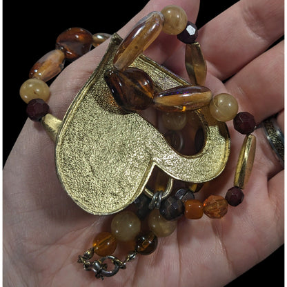 Chunky Unique Heart Pendant Necklace Brown And Gold Tone With Enamel Fill