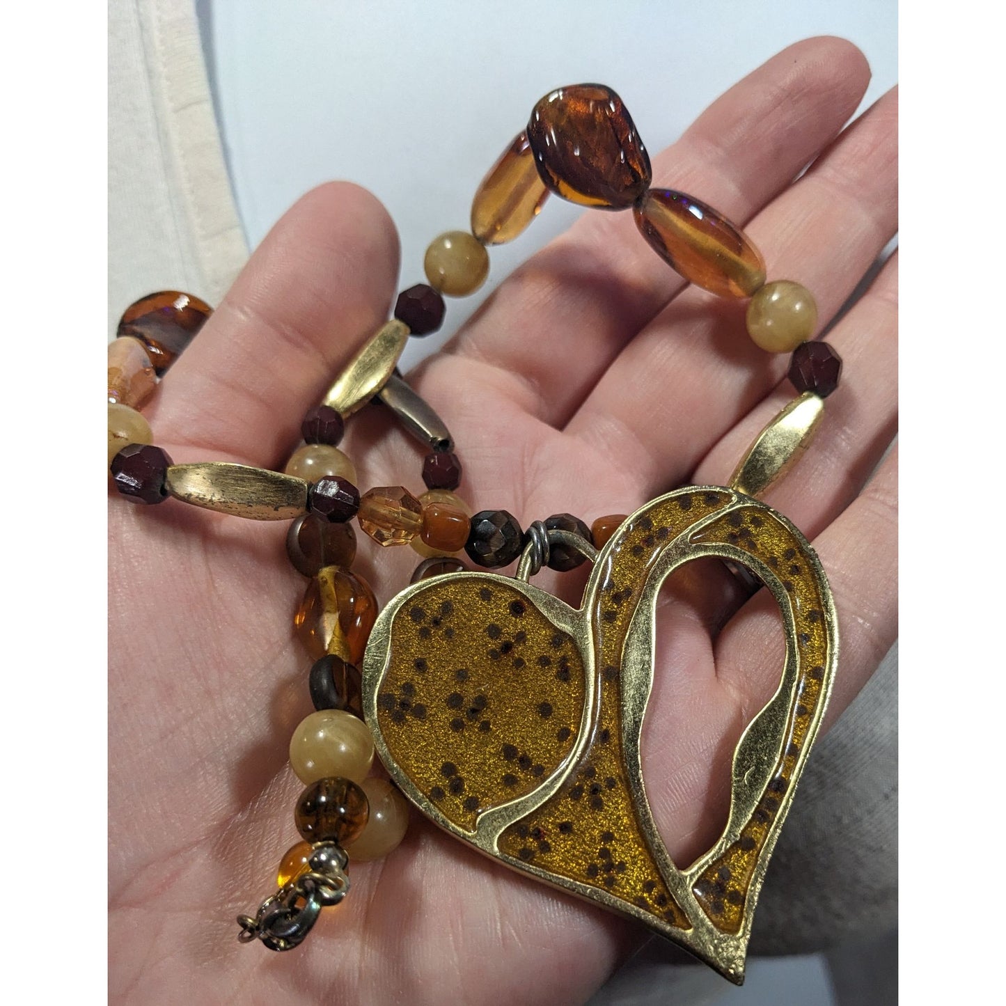 Chunky Unique Heart Pendant Necklace Brown And Gold Tone With Enamel Fill