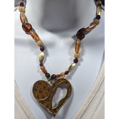 Chunky Unique Heart Pendant Necklace Brown And Gold Tone With Enamel Fill