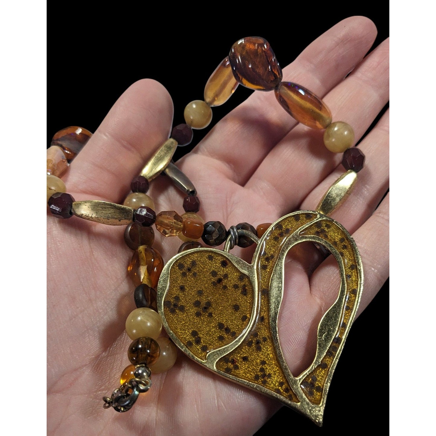 Chunky Unique Heart Pendant Necklace Brown And Gold Tone With Enamel Fill