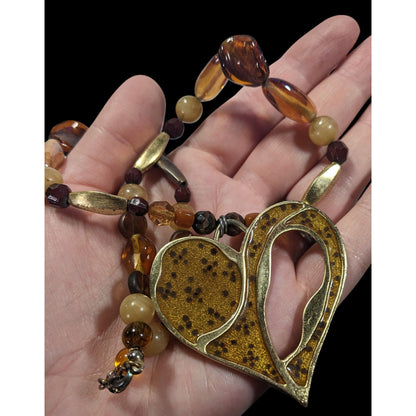 Chunky Unique Heart Pendant Necklace Brown And Gold Tone With Enamel Fill
