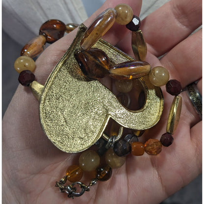 Chunky Unique Heart Pendant Necklace Brown And Gold Tone With Enamel Fill