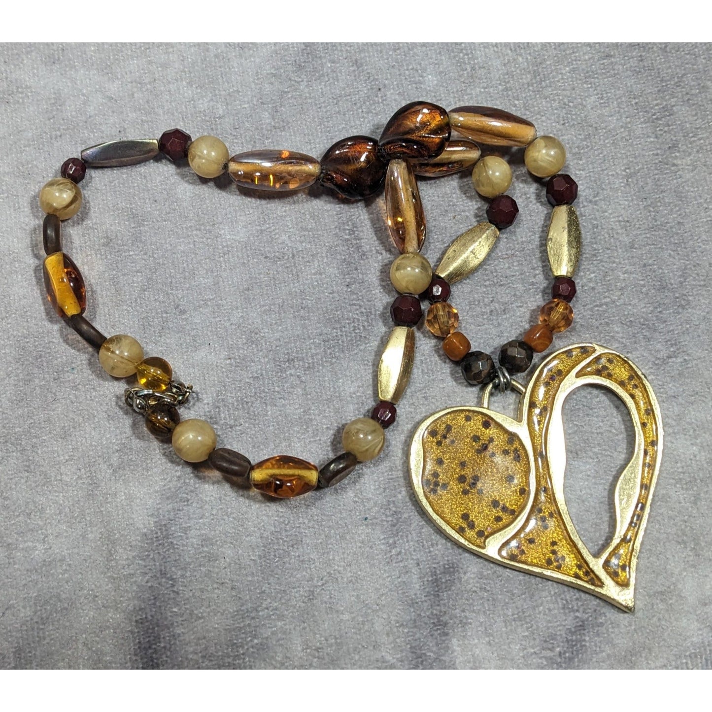 Chunky Unique Heart Pendant Necklace Brown And Gold Tone With Enamel Fill