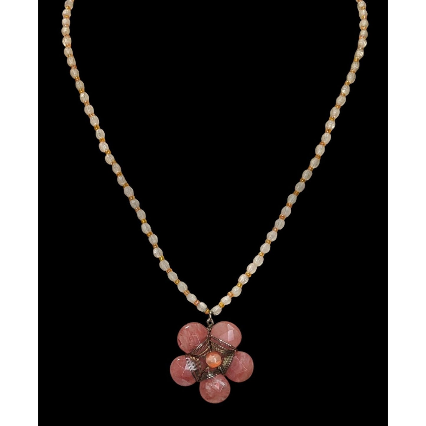 Vintage Y2K Cottagefore Beaded Necklace With Pink Flower Pendant