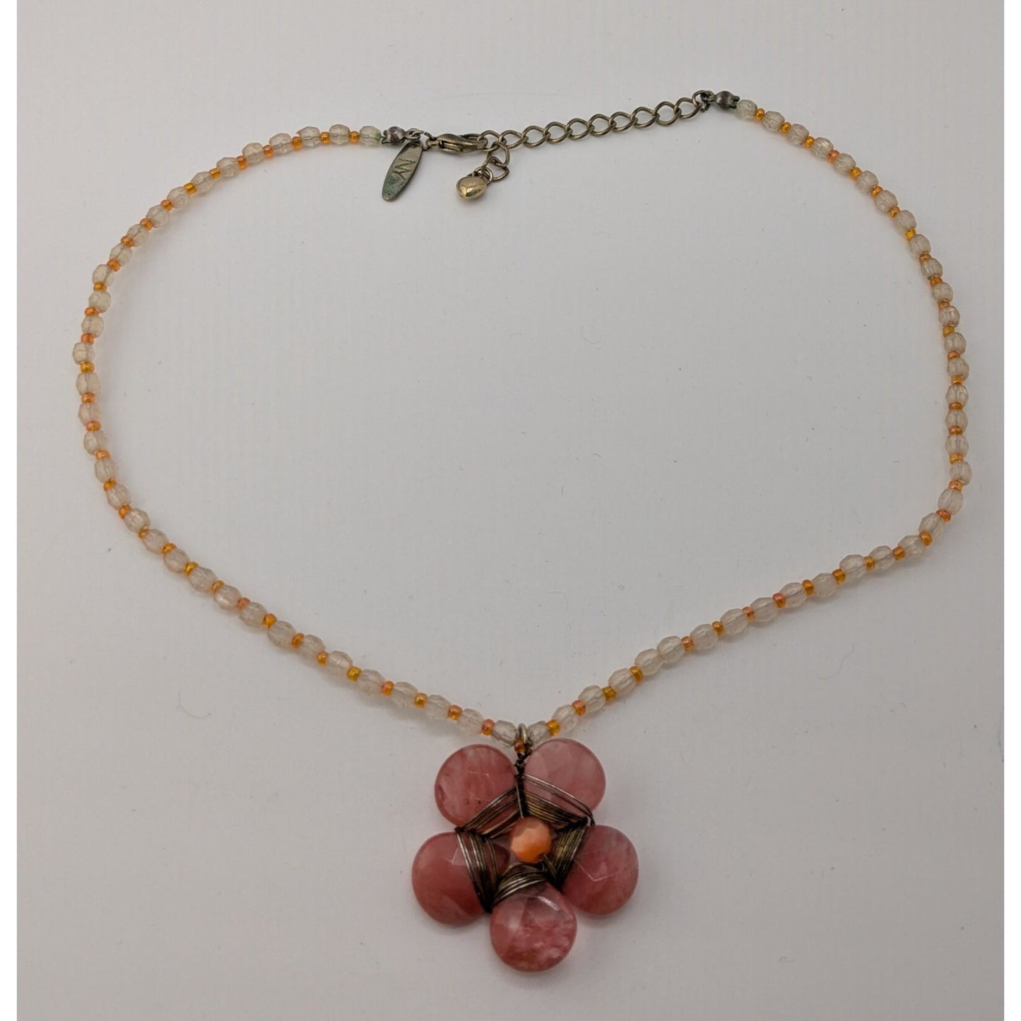 Vintage Y2K Cottagefore Beaded Necklace With Pink Flower Pendant