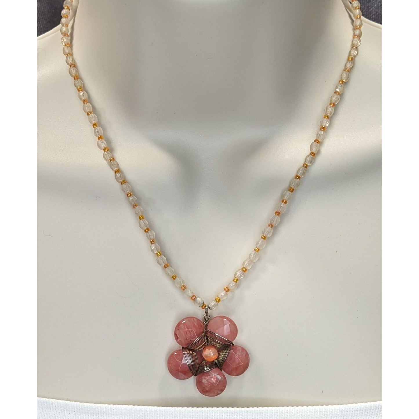 Vintage Y2K Cottagefore Beaded Necklace With Pink Flower Pendant