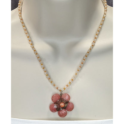 Vintage Y2K Cottagefore Beaded Necklace With Pink Flower Pendant