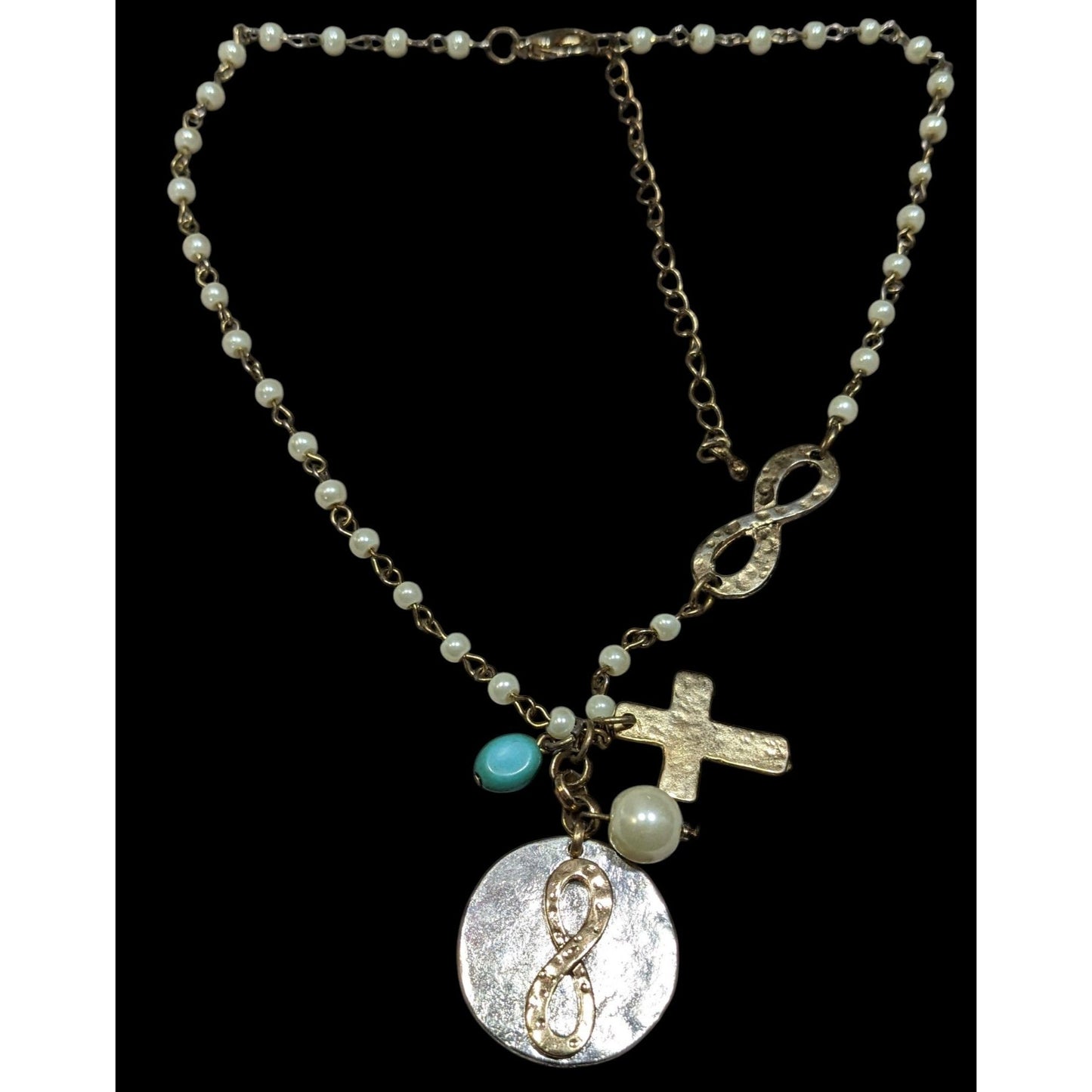 Elegant Religious Cross And Infinity Charm Necklace With Faux Pearl Accents