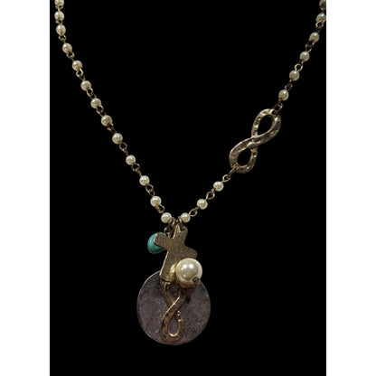 Elegant Religious Cross And Infinity Charm Necklace With Faux Pearl Accents