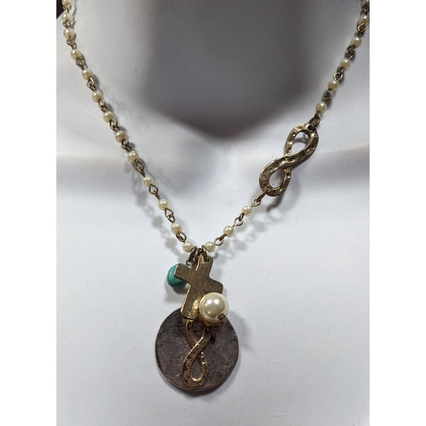 Elegant Religious Cross And Infinity Charm Necklace With Faux Pearl Accents