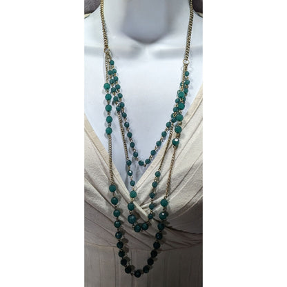 Layered Gold Chain Necklace With Green Beads