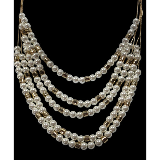 Elegant Glam Faux Pearl Gold Tone Beaded Layered Necklace