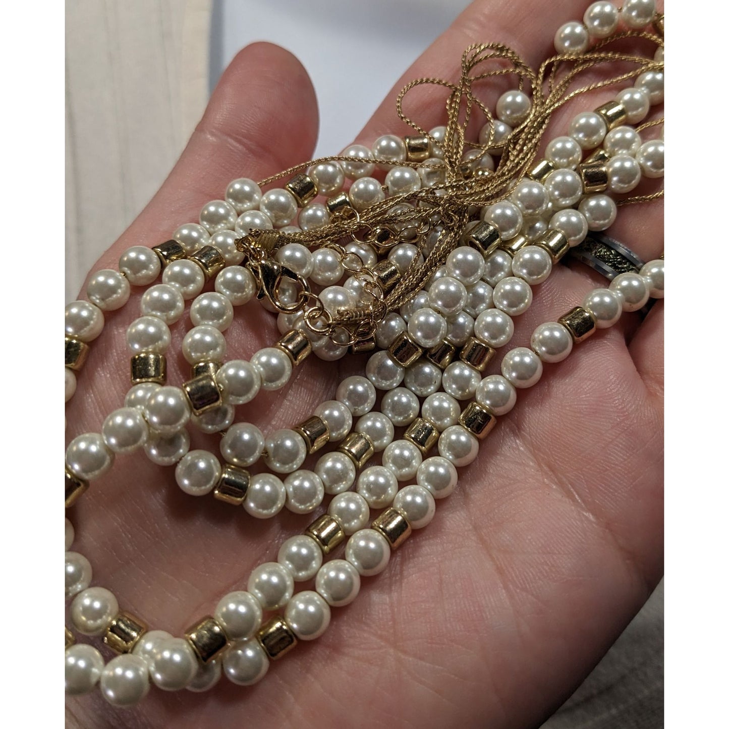 Elegant Glam Faux Pearl Gold Tone Beaded Layered Necklace