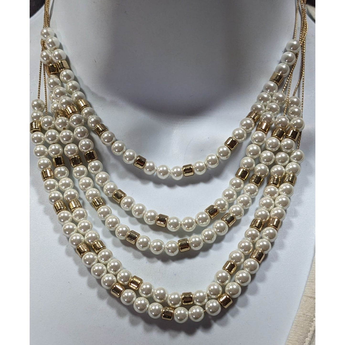 Elegant Glam Faux Pearl Gold Tone Beaded Layered Necklace