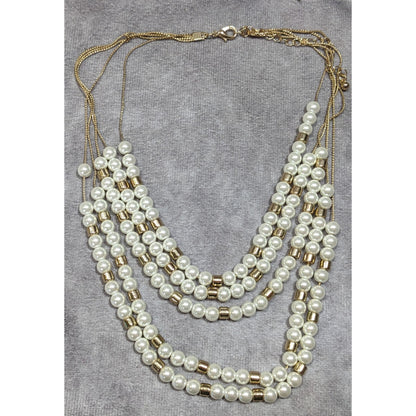 Elegant Glam Faux Pearl Gold Tone Beaded Layered Necklace