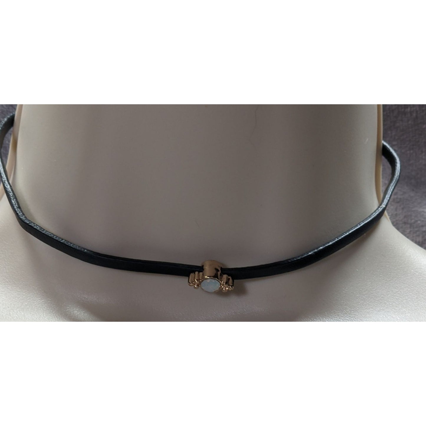 Minimalist Regency Black Choker Necklace Gemmed Gold Tone Charm