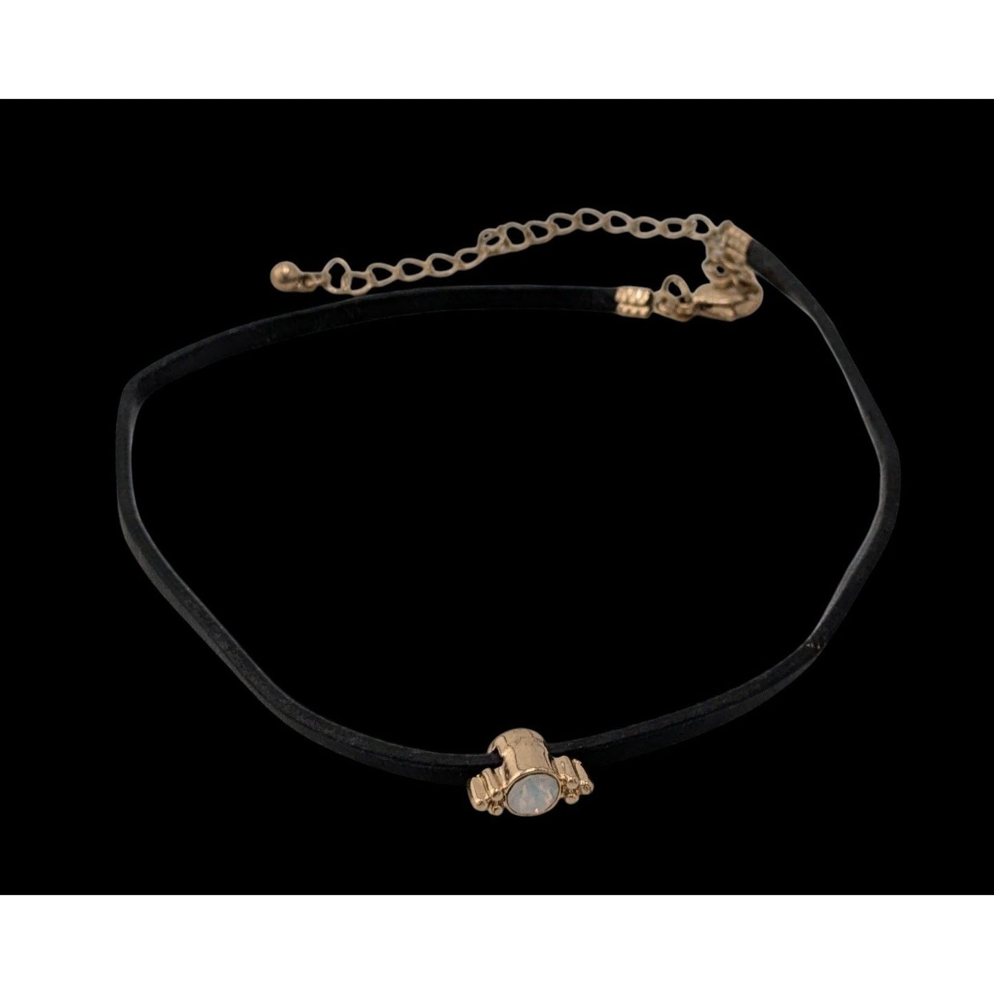 Minimalist Regency Black Choker Necklace Gemmed Gold Tone Charm